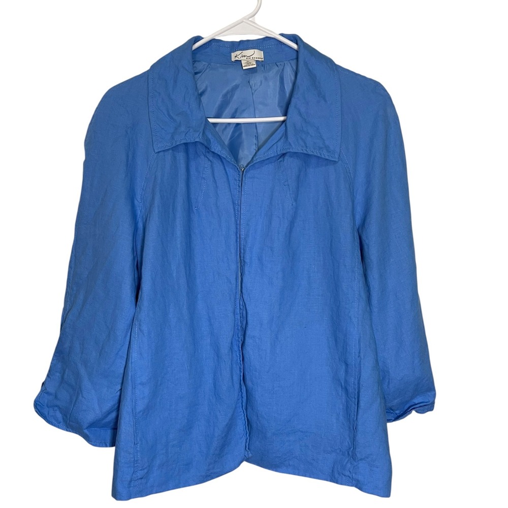 Kim Rogers XL Blue Linen Jacket 3/4 Sleeve Hook Eye Coastal Lagenlook Minimalist